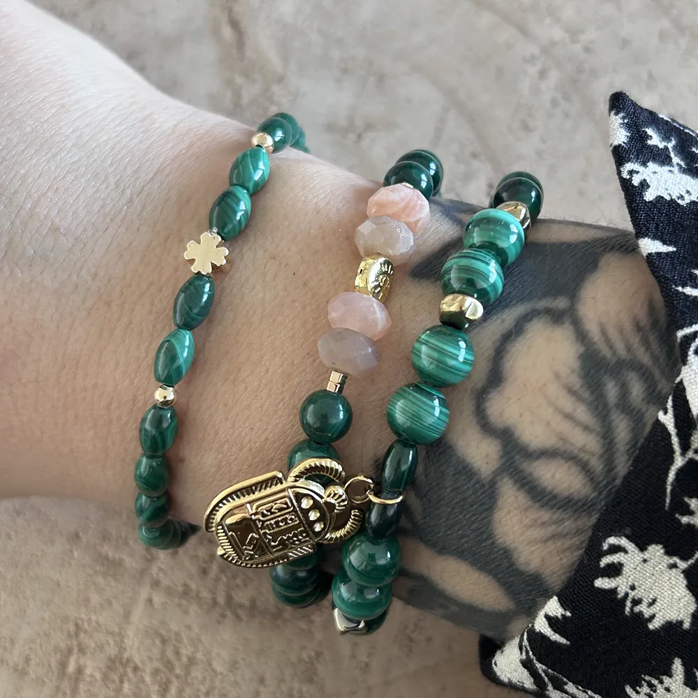 Bracelet Perles Malachite du Congo + Améthyste + Onyx noir mat + bois 8